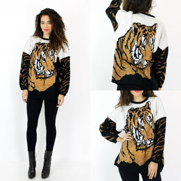 Vintage Sweaters - 80’s Lurking Tiger Slouchy Crewneck Sweater